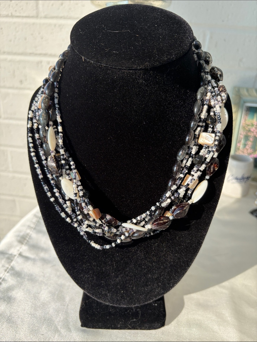 Multi-Strand Black and White Beaded Statement Necklace
